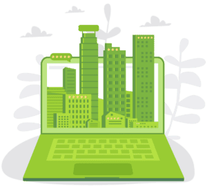 Illustration of buildings rising out of laptop screen