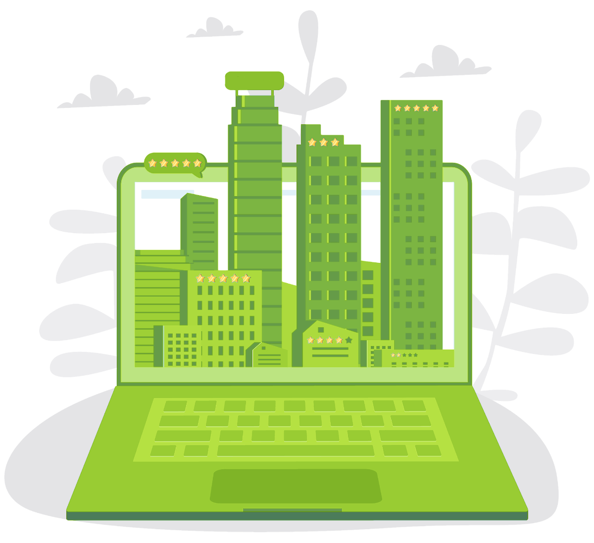 Illustration of buildings rising out of laptop screen