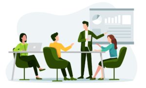 Illustration of 2 men and 2 women in office meeting