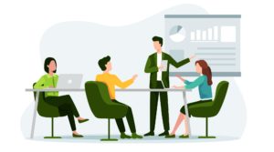 Illustration of 2 men and 2 women in office meeting