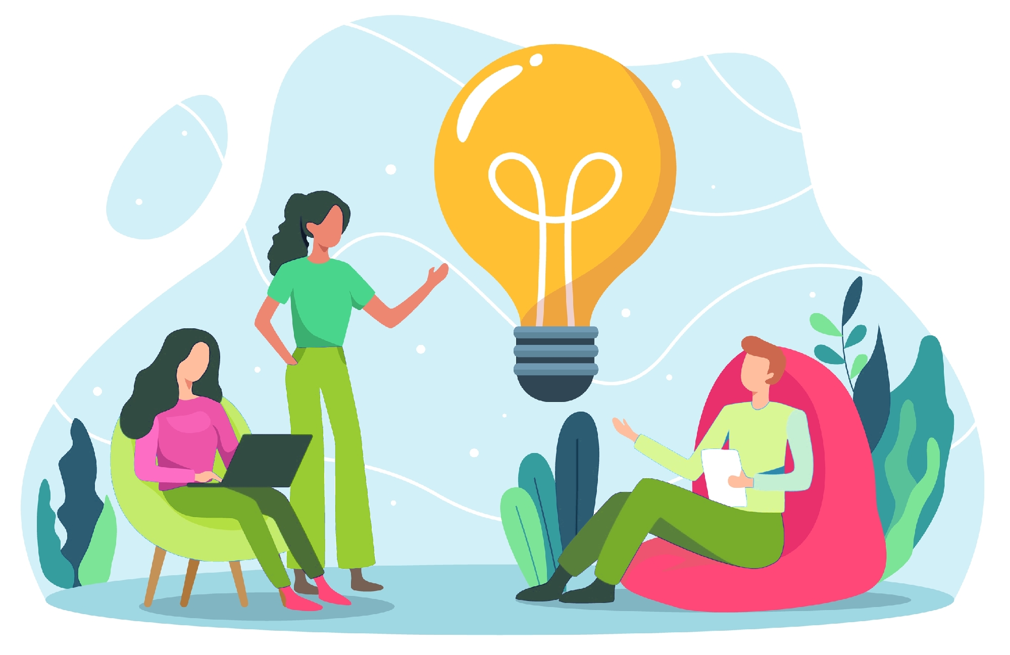 Illustration of 2 women and 1 man brainstorming ideas