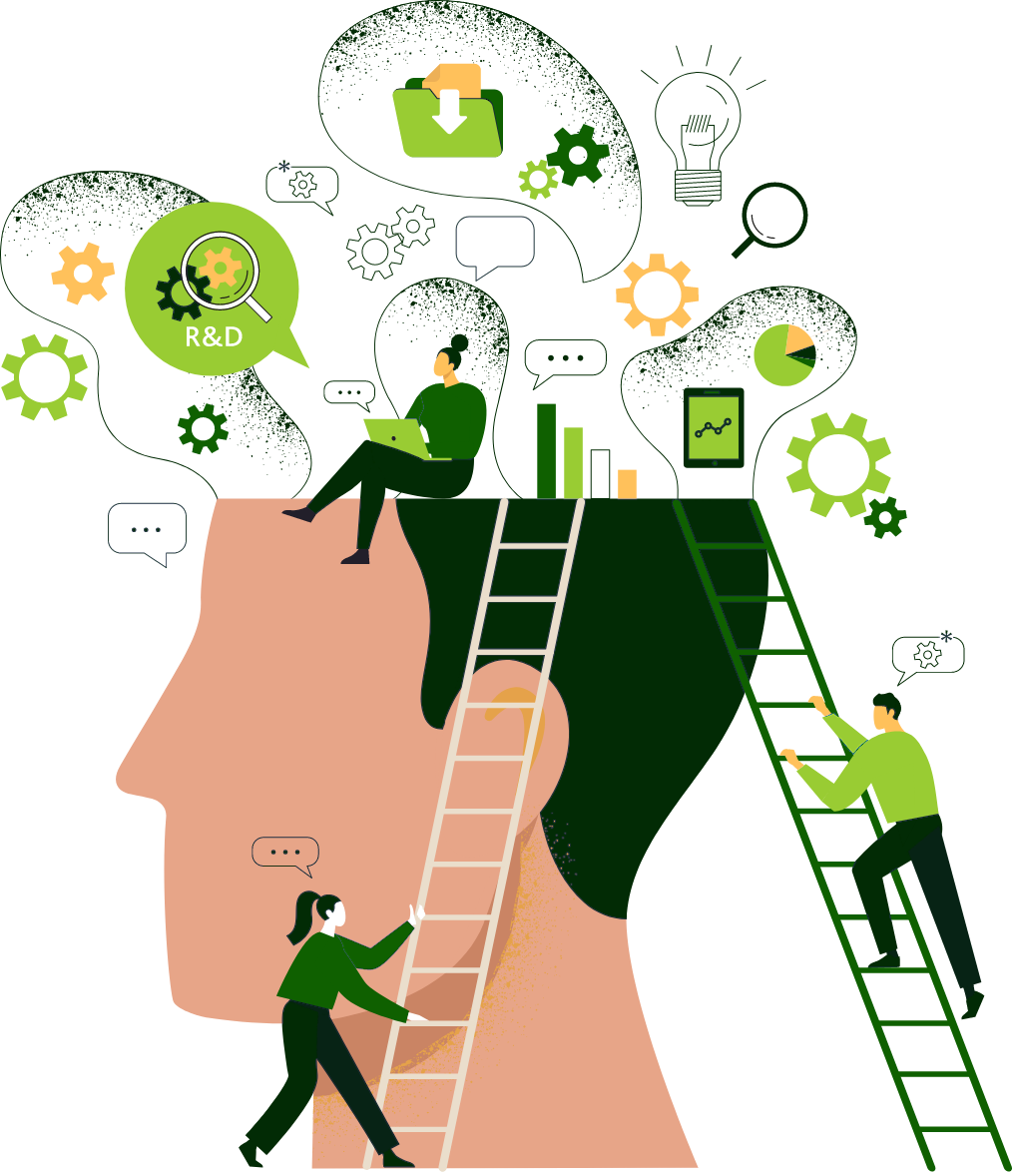 Illustration of 3 people climbing ladders in tech environment