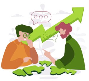Illustration of 2 people solving puzzle