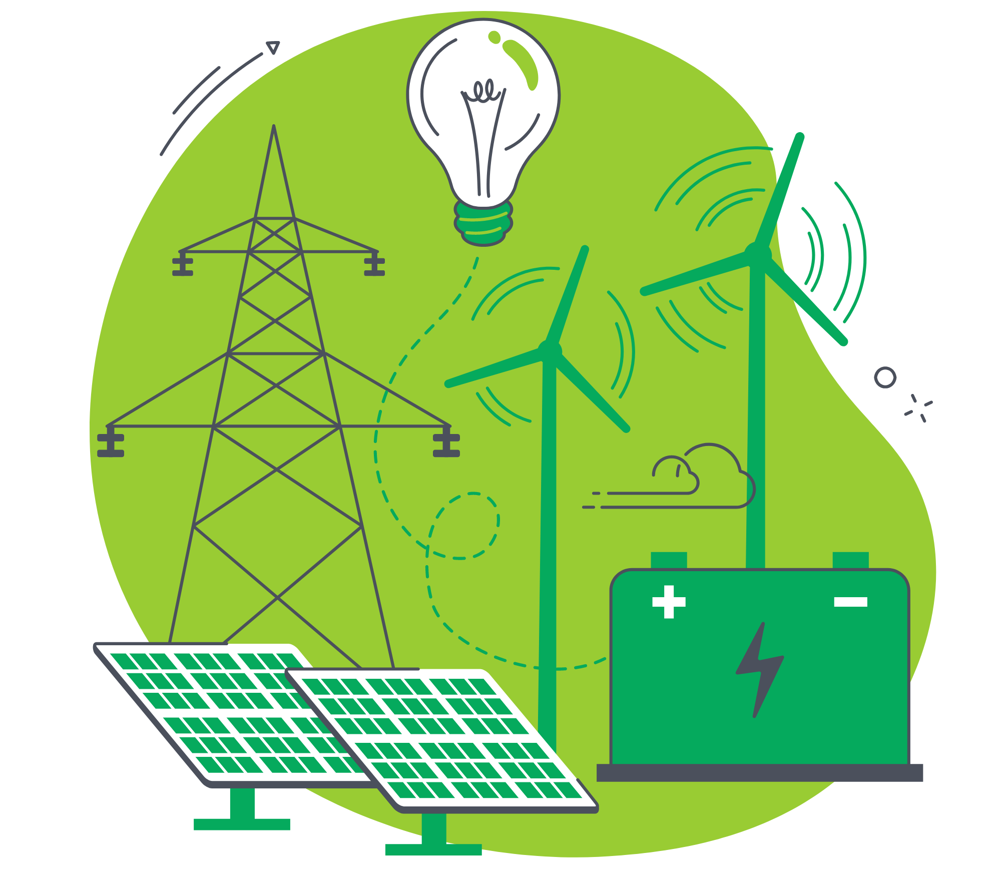 illustration of energy, storage, solar, and wind energy