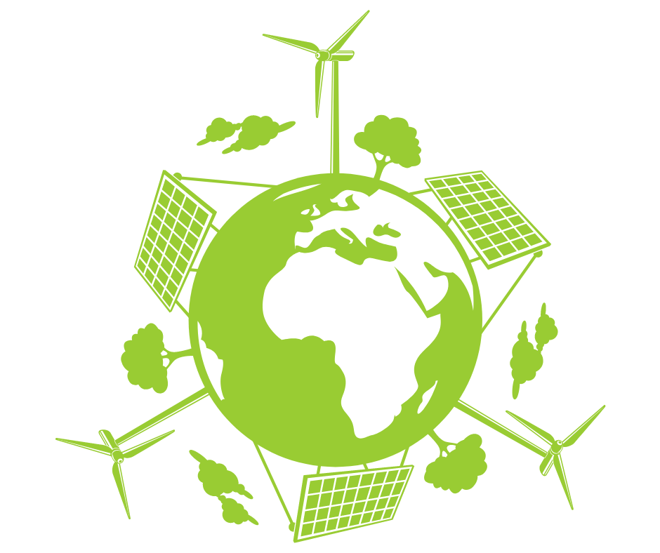 Image shows a graphic of the world with solar and wind energy along the edge with trees.