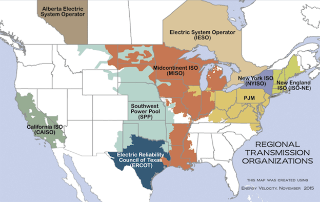 Image shows map of Regional Transmission Organizations.