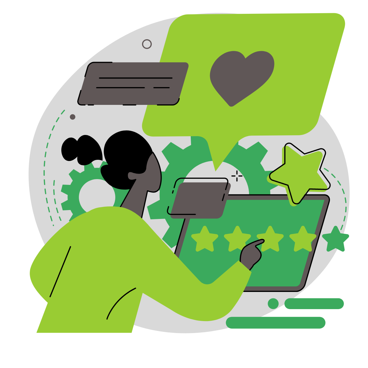 graphic of person with computer and feedback stars