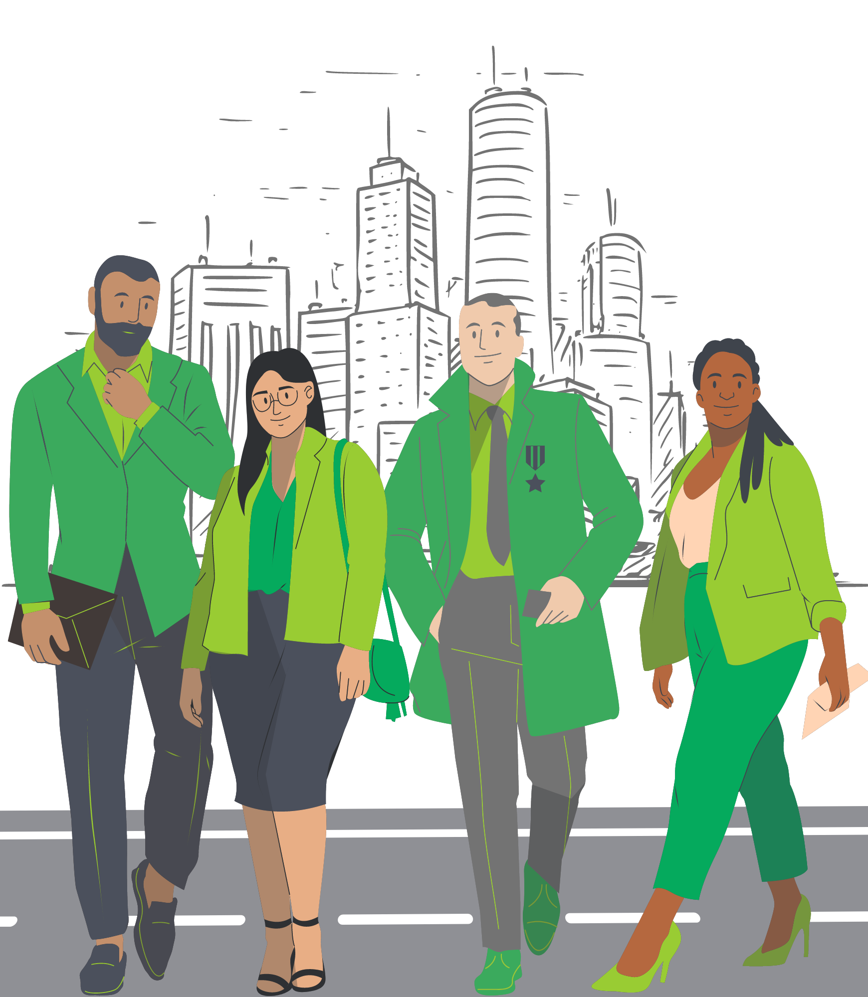 Illustration of a diverse group of people standing in front of a city
