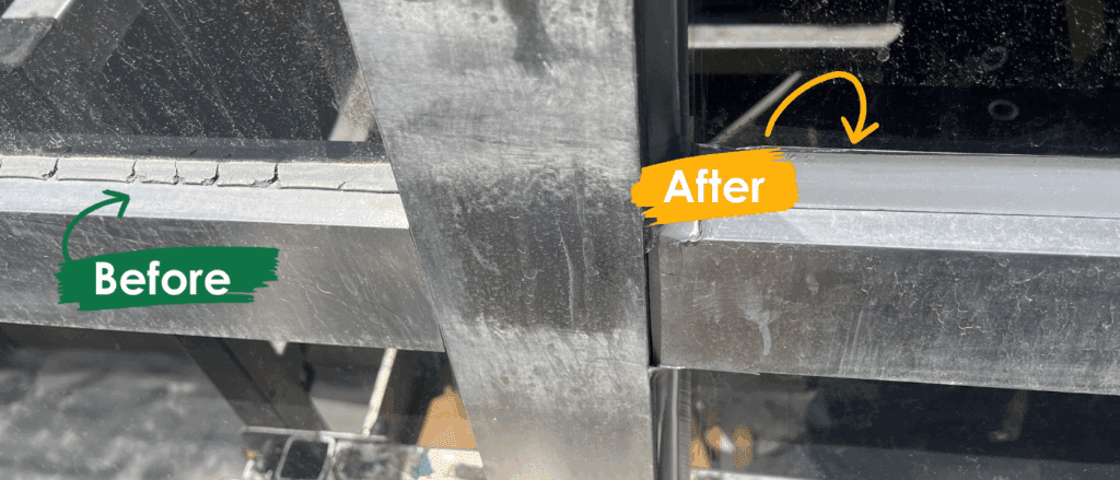 A before-and-after comparison of window seals. On the left, an older window seal is cracking and causing heat to leak from the building. On the right, after re-glazing, the new window is sealed appropriately and has a smooth, continuous surface.