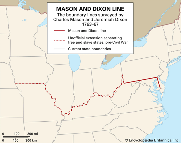 Image shows a map of the mason-dixon line.